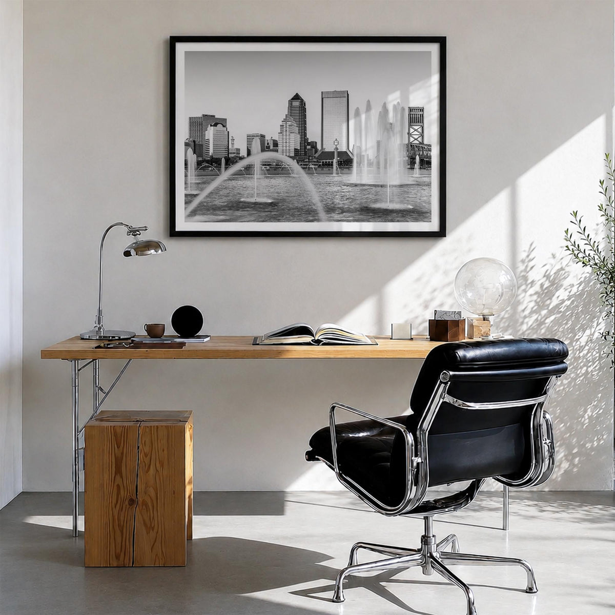 Jacksonville black & white photo poster of Florida, USA – horizontal wall art in black wood frame with white border, hanging 
