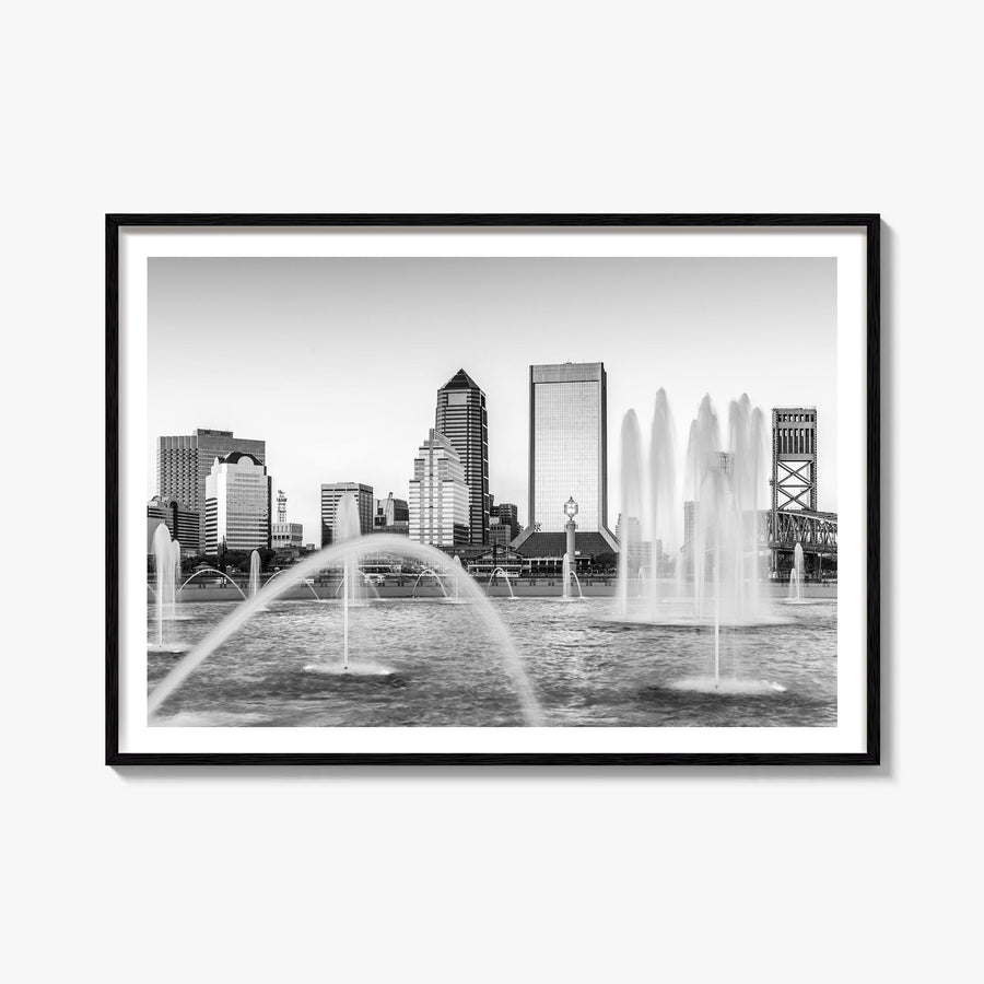 Jacksonville black & white photo poster of Florida, USA – horizontal wall art, unframed print shown in interior mockup