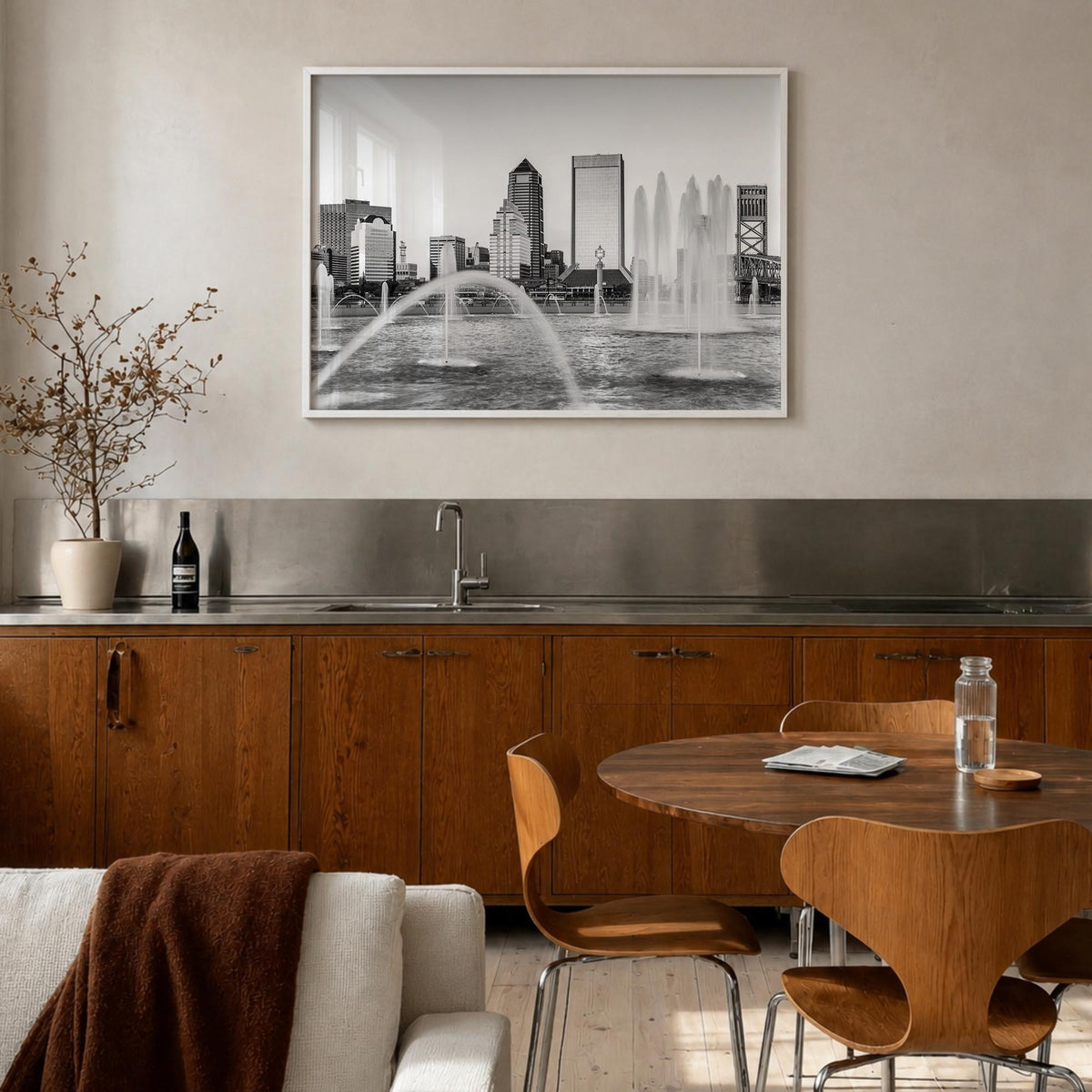 Jacksonville black & white photo poster of Florida, USA – horizontal wall art in white wood frame, hanging on wall