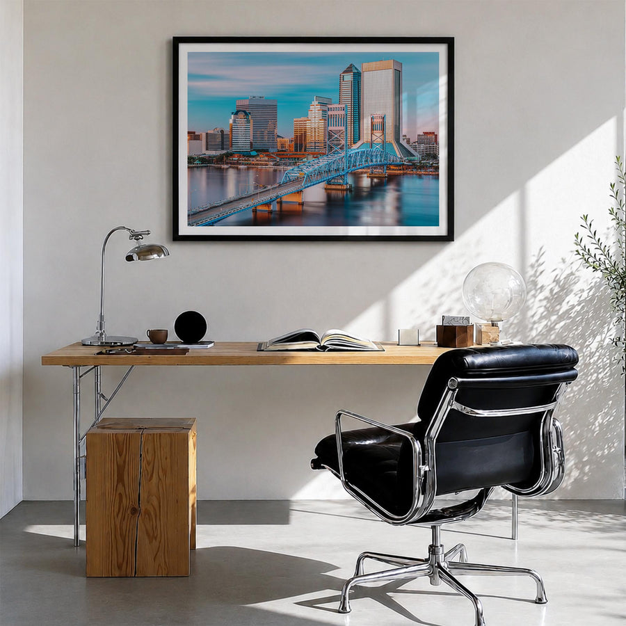 Jacksonville colorful photo poster of Florida, USA – horizontal wall art in black wood frame with white border, hanging on wa