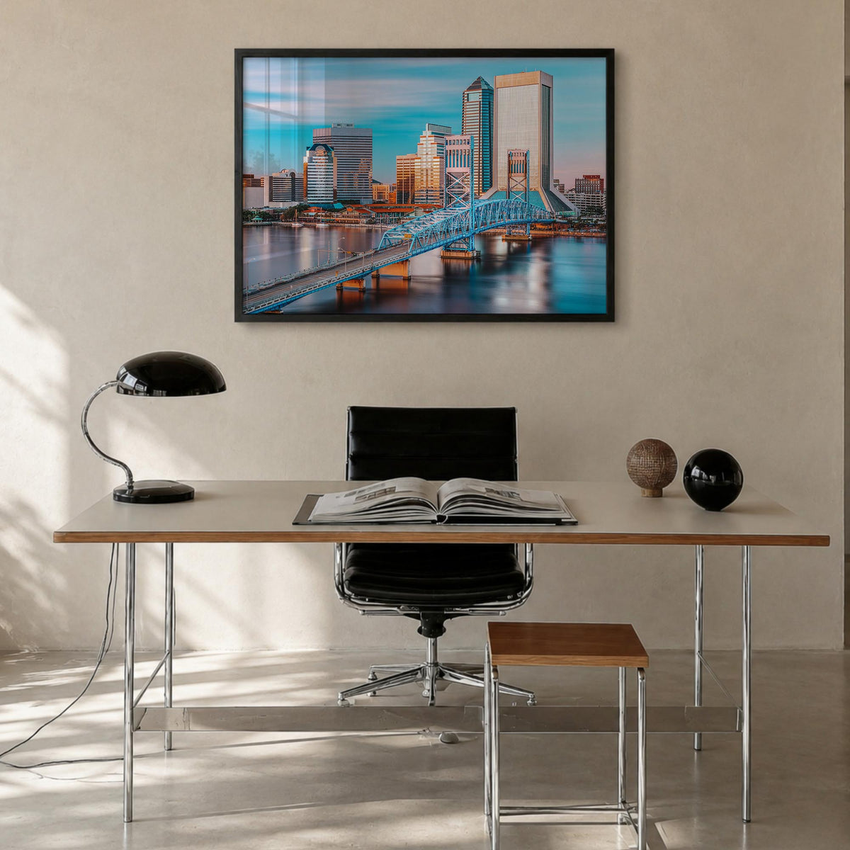 Jacksonville colorful photo poster of Florida, USA – horizontal wall art in black wood frame, hanging on wall