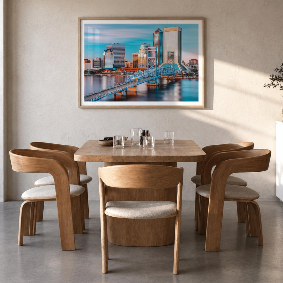 Jacksonville colorful photo poster of Florida, USA – horizontal wall art in natural wood frame with white border, hanging on 