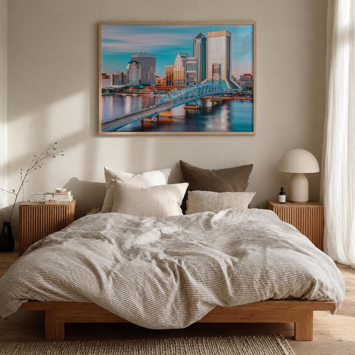 Jacksonville colorful photo poster of Florida, USA – horizontal wall art in natural wood frame, hanging on wall