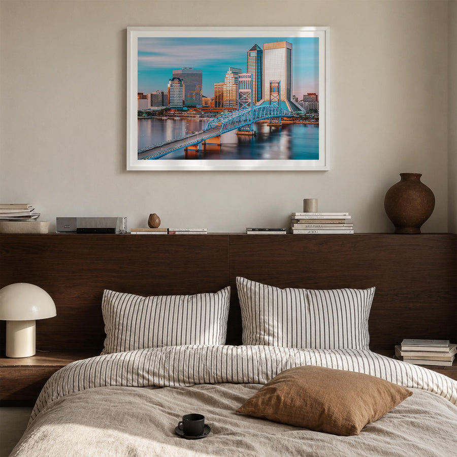 Jacksonville colorful photo poster of Florida, USA – horizontal wall art in white wood frame with white border, hanging on wa
