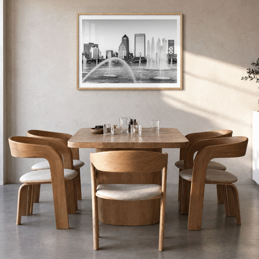 Jacksonville Photo Poster in a natural wood frame, hanging in a dining room, white border