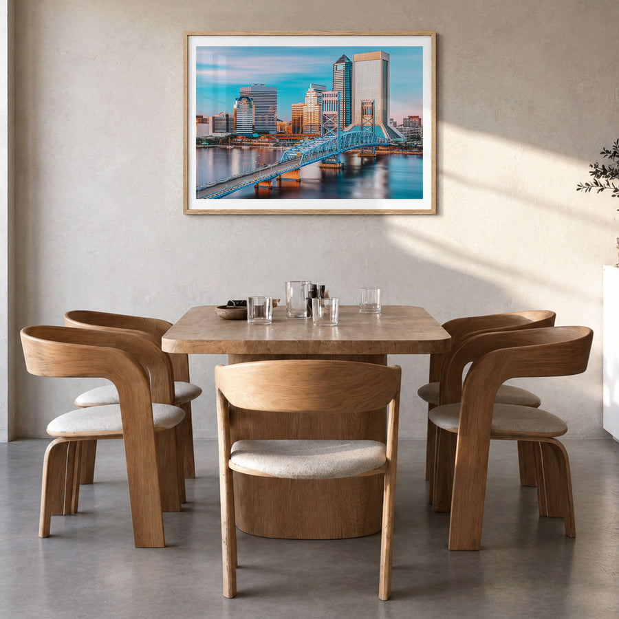 Jacksonville Photo Poster in a natural wood frame, hanging in a dining room, white border