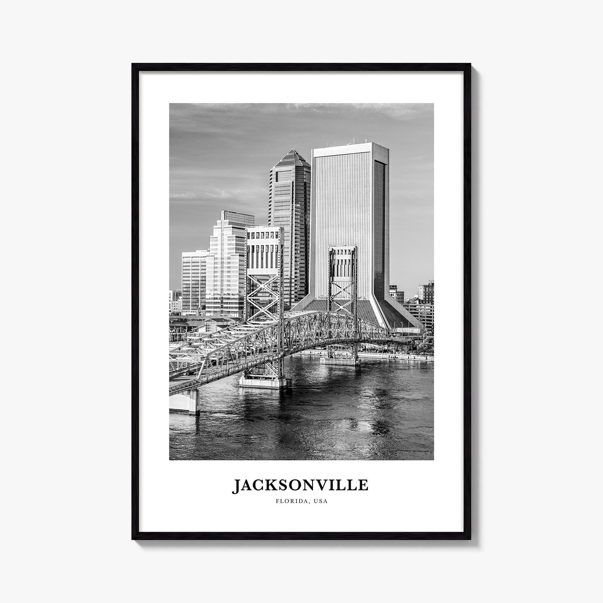 Jacksonville no. 1 black & white classic poster of Florida, USA – vertical wall art, unframed print shown in interior mockup