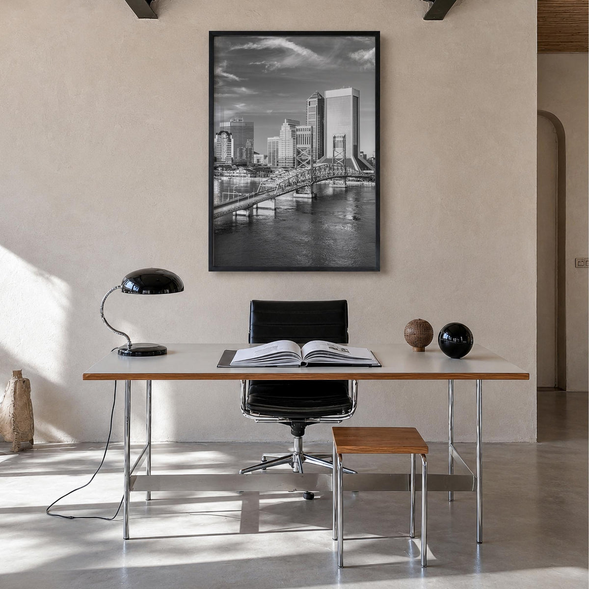 Jacksonville no. 1 black & white photo poster of Florida, USA – vertical wall art in black wood frame, hanging on wall