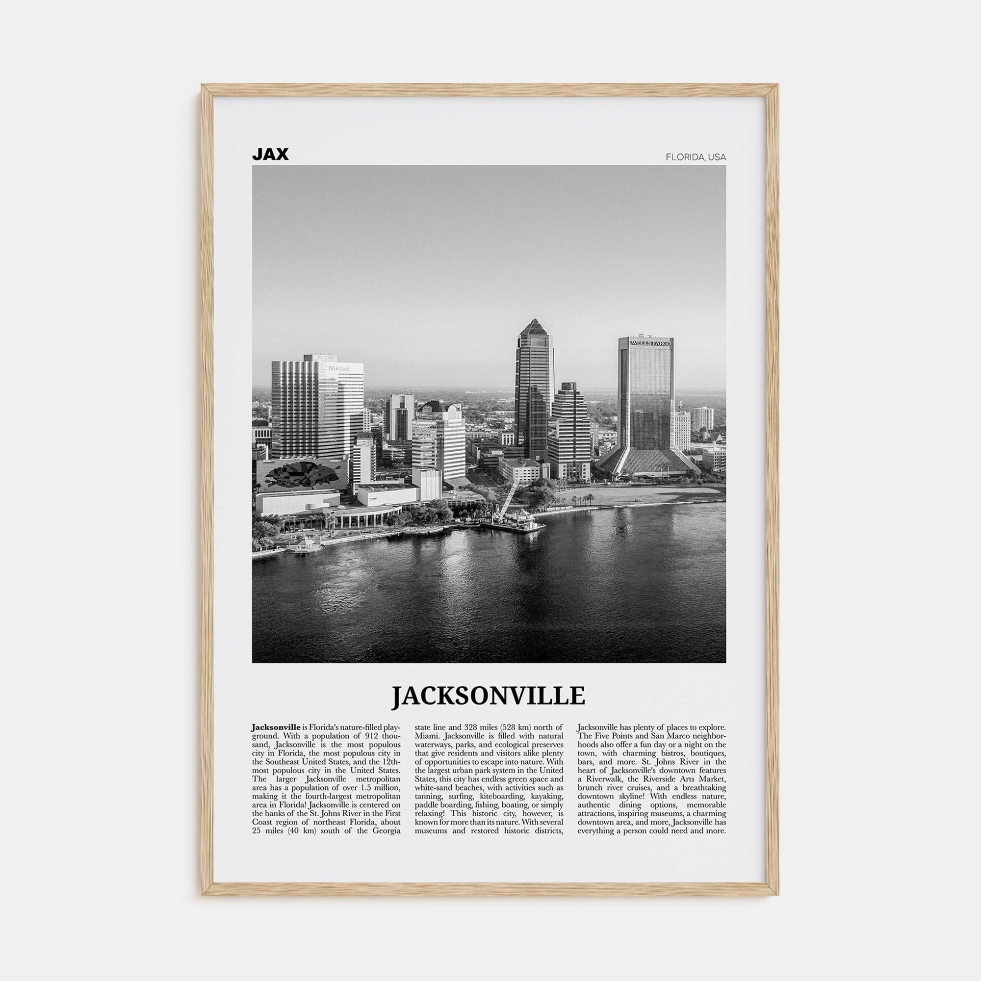 Jacksonville No 1 Poster Natural Wood / 8x12 in Nbourhood Travel B&W Poster