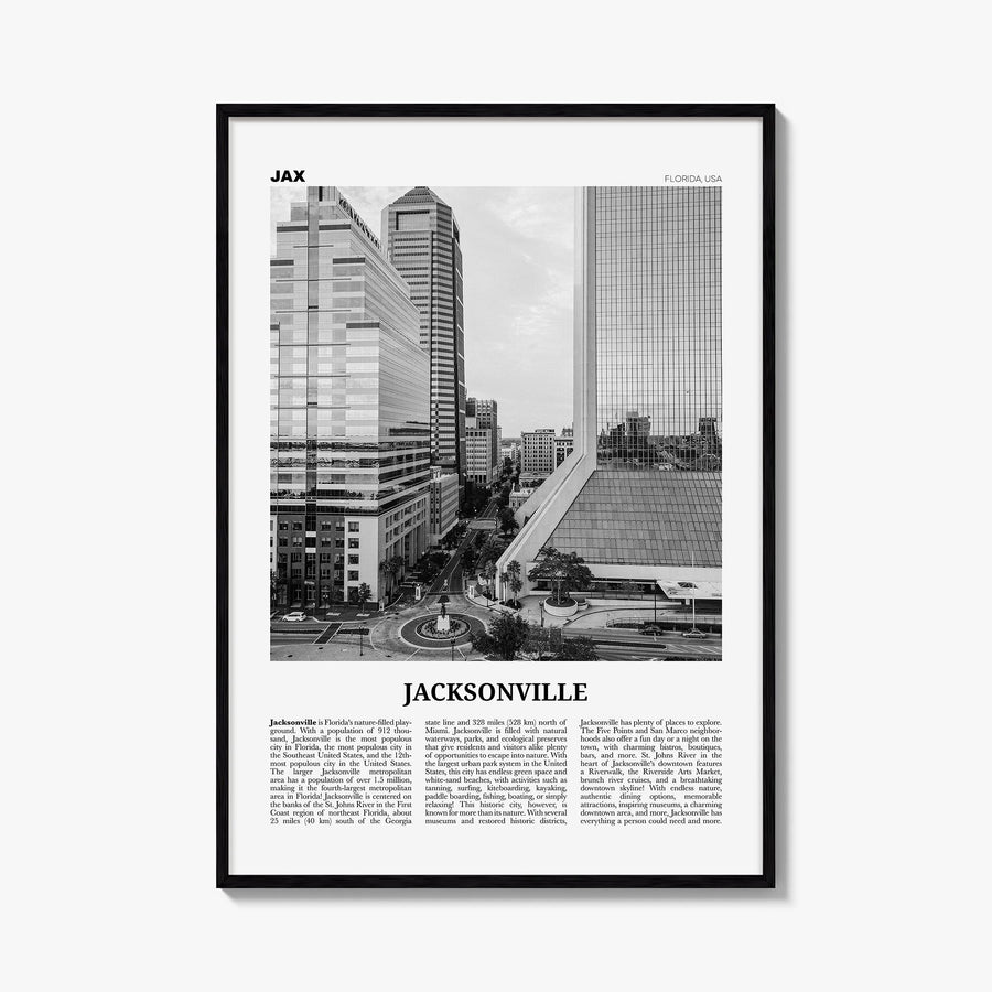 Jacksonville no. 2 black & white newspaper poster of Florida, USA – vertical wall art, unframed print shown in interior mocku