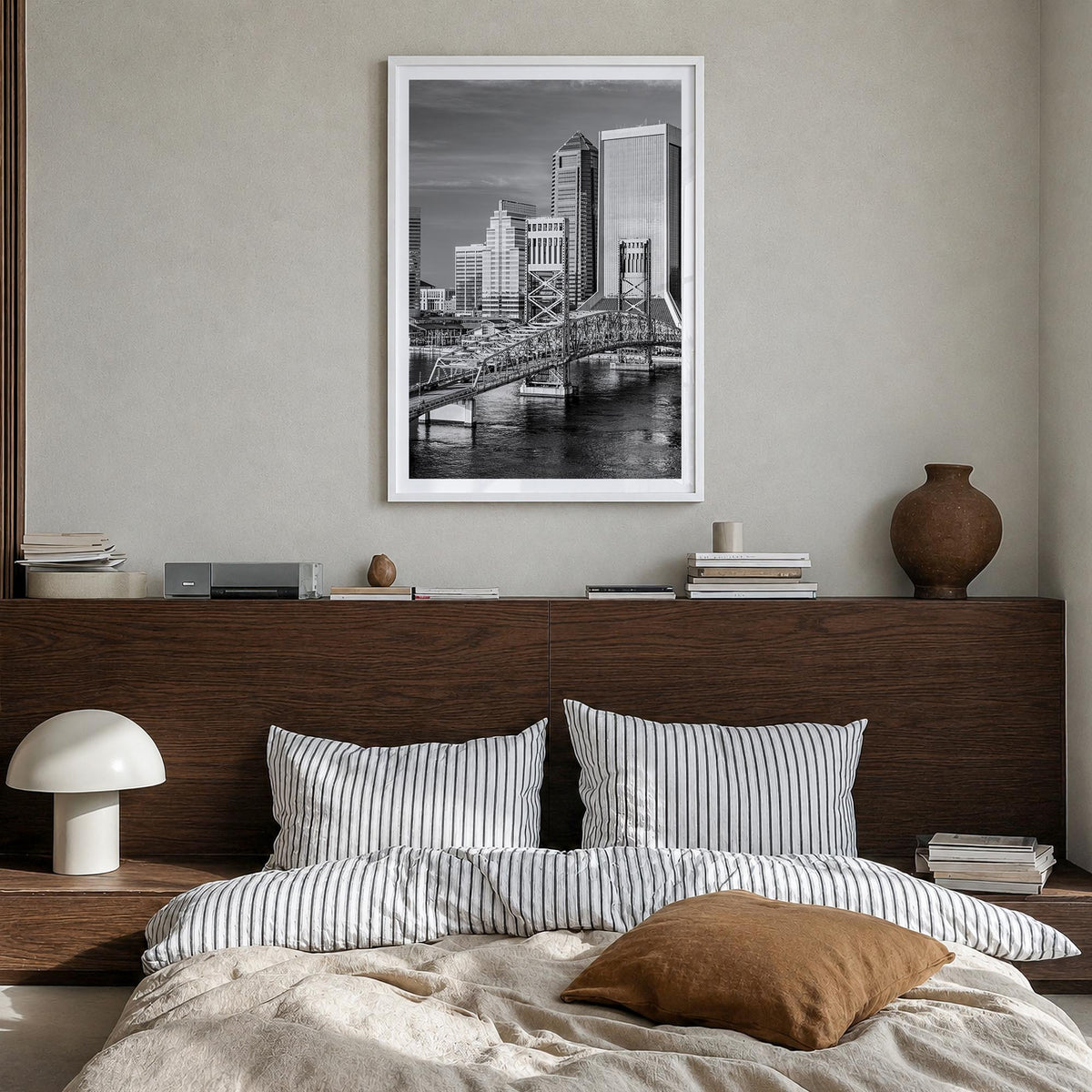 Jacksonville no. 2 black & white photo poster of Florida, USA – vertical wall art in white wood frame with white border, hang