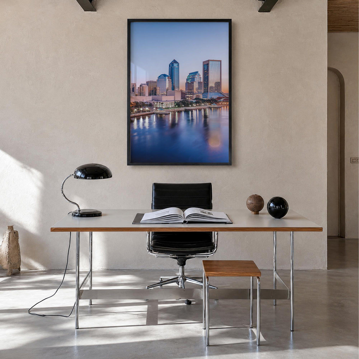 Jacksonville no. 2 colorful photo poster of Florida, USA – vertical wall art in black wood frame, hanging on wall