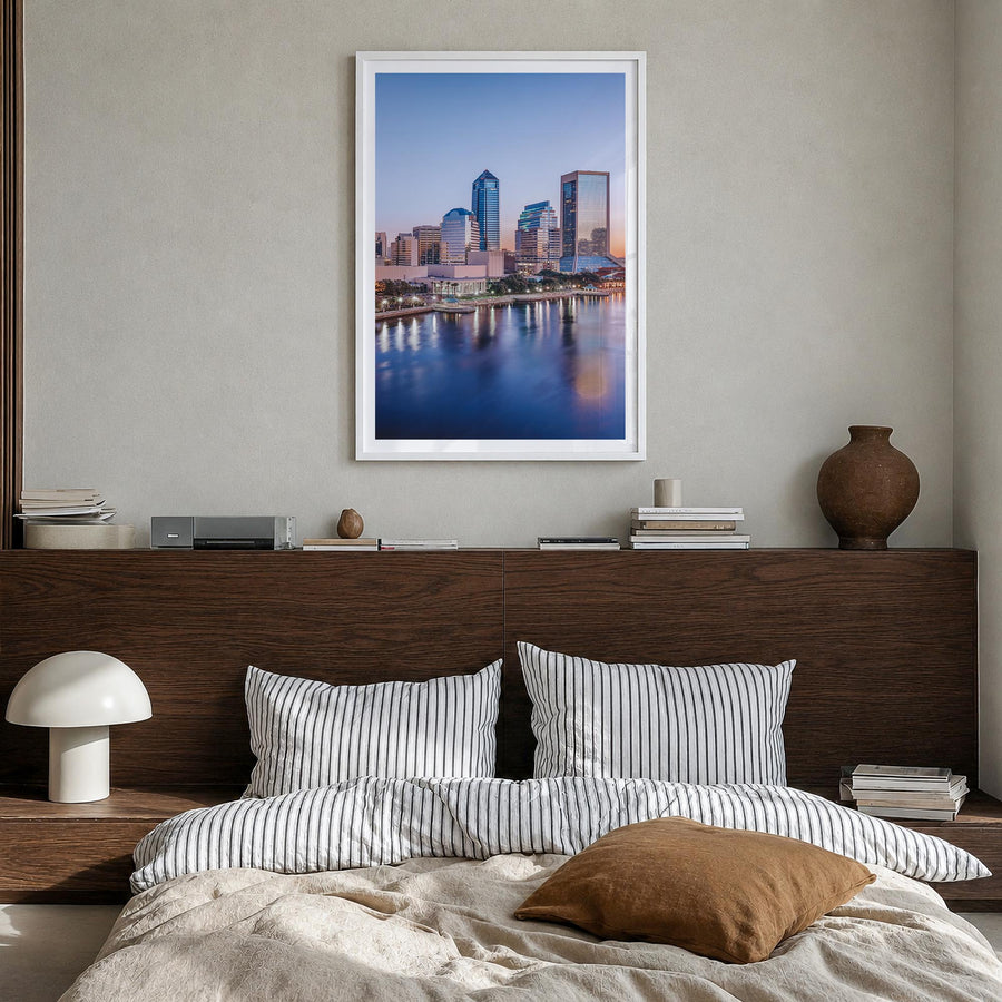 Jacksonville no. 2 colorful photo poster of Florida, USA – vertical wall art in white wood frame with white border, hanging o