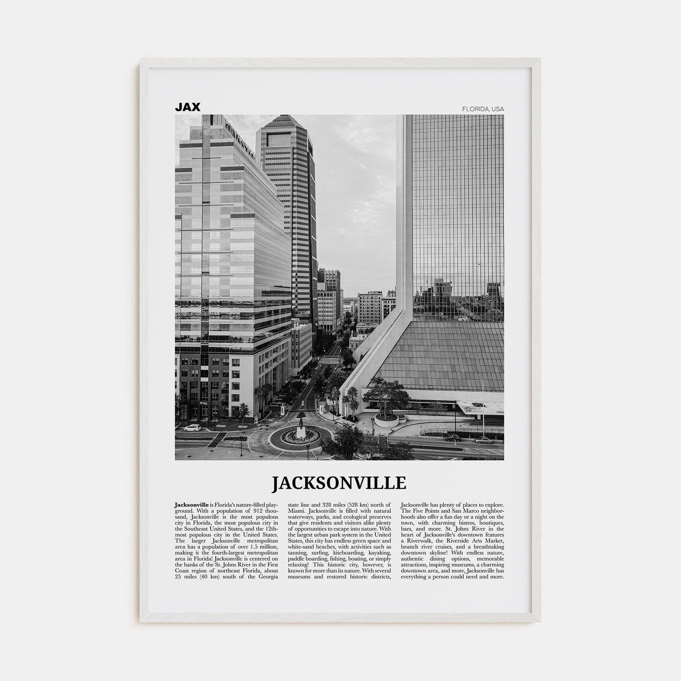 Jacksonville No 2 Poster White Wood / 8x12 in Nbourhood Travel B&W Poster