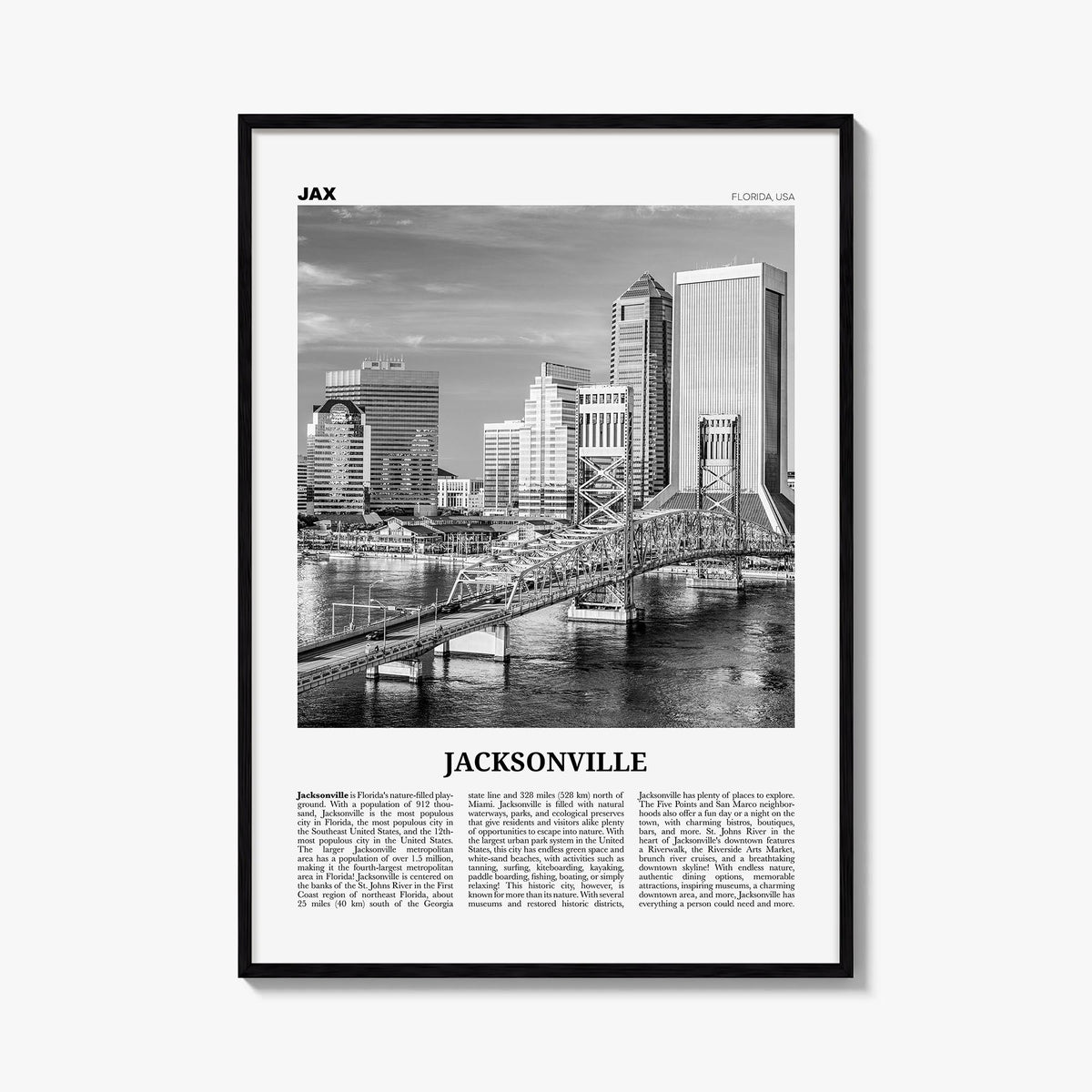 Jacksonville no. 3 black & white newspaper poster of Florida, USA – vertical wall art, unframed print shown in interior mocku