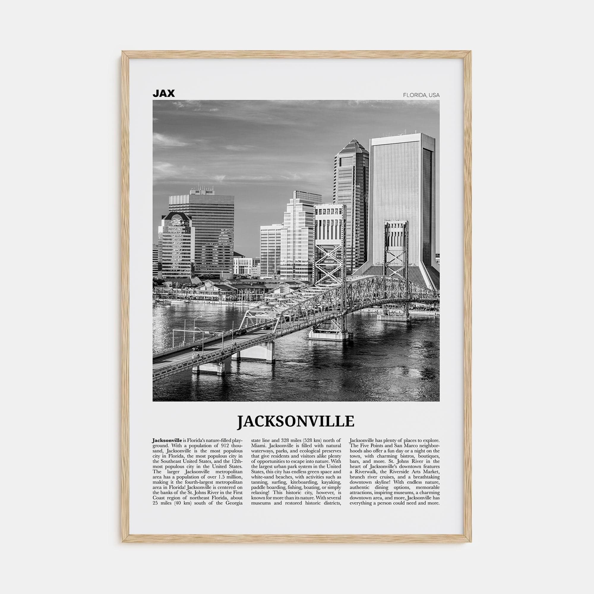 Jacksonville No 3 Poster Natural Wood / 8x12 in Nbourhood Travel B&W Poster