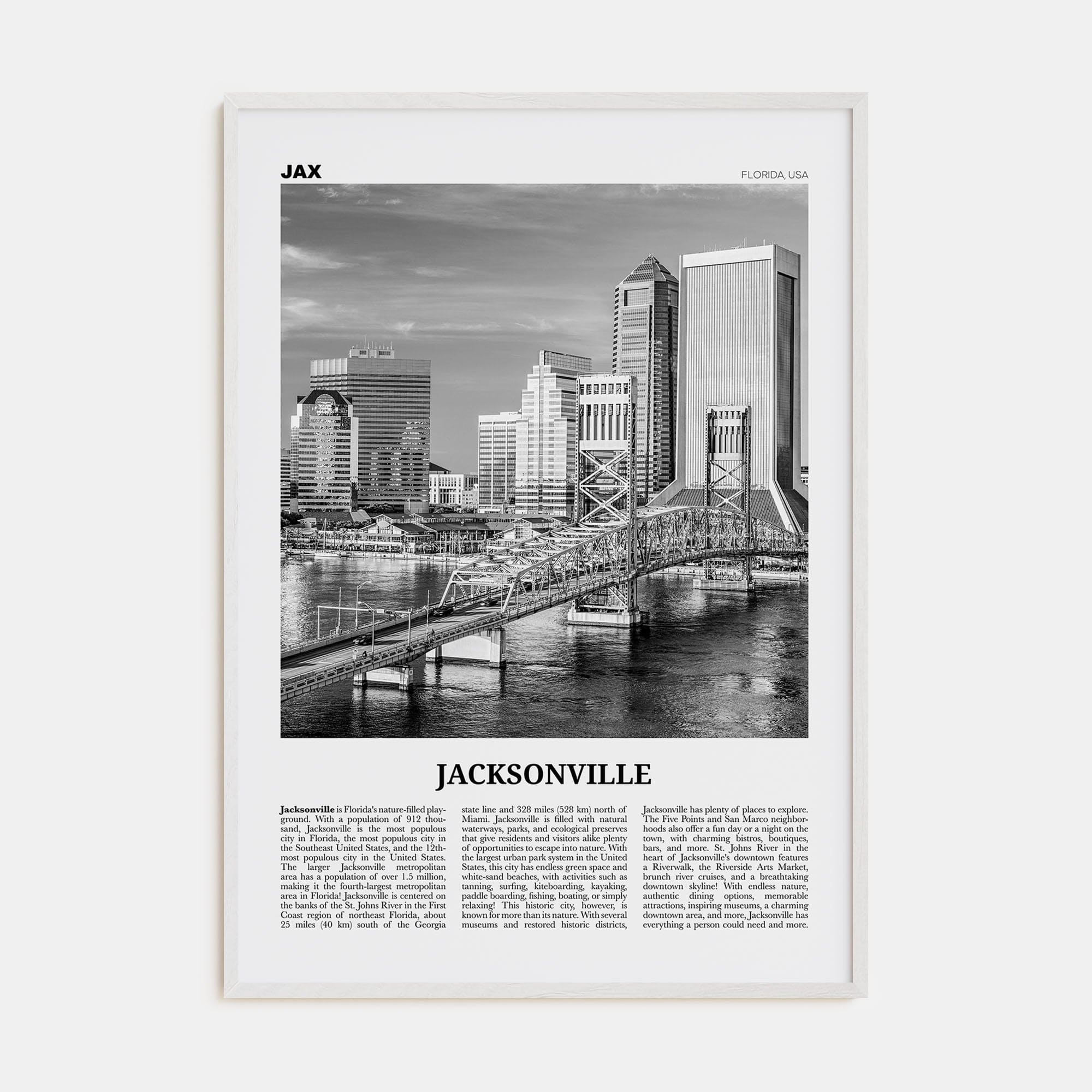 Jacksonville No 3 Poster White Wood / 8x12 in Nbourhood Travel B&W Poster