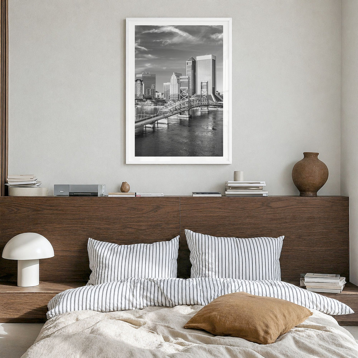 Jacksonville Photo No 1 Poster in a white wood frame, hanging in a bedroom, white border