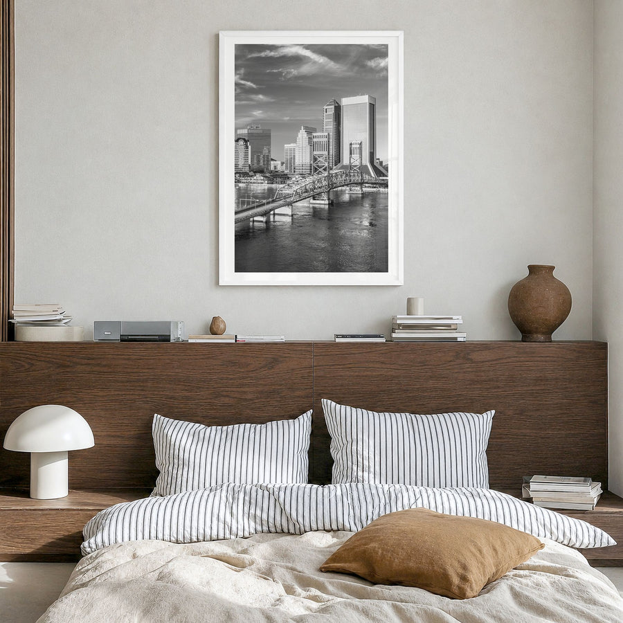 Jacksonville Photo No 1 Poster in a white wood frame, hanging in a bedroom, white border