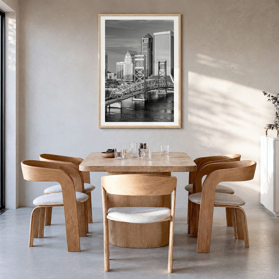 Jacksonville Photo No 2 Poster in a natural wood frame, hanging in a dining room, white border