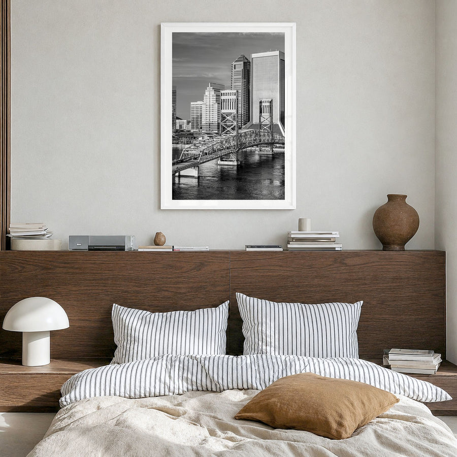 Jacksonville Photo No 2 Poster in a white wood frame, hanging in a bedroom, white border
