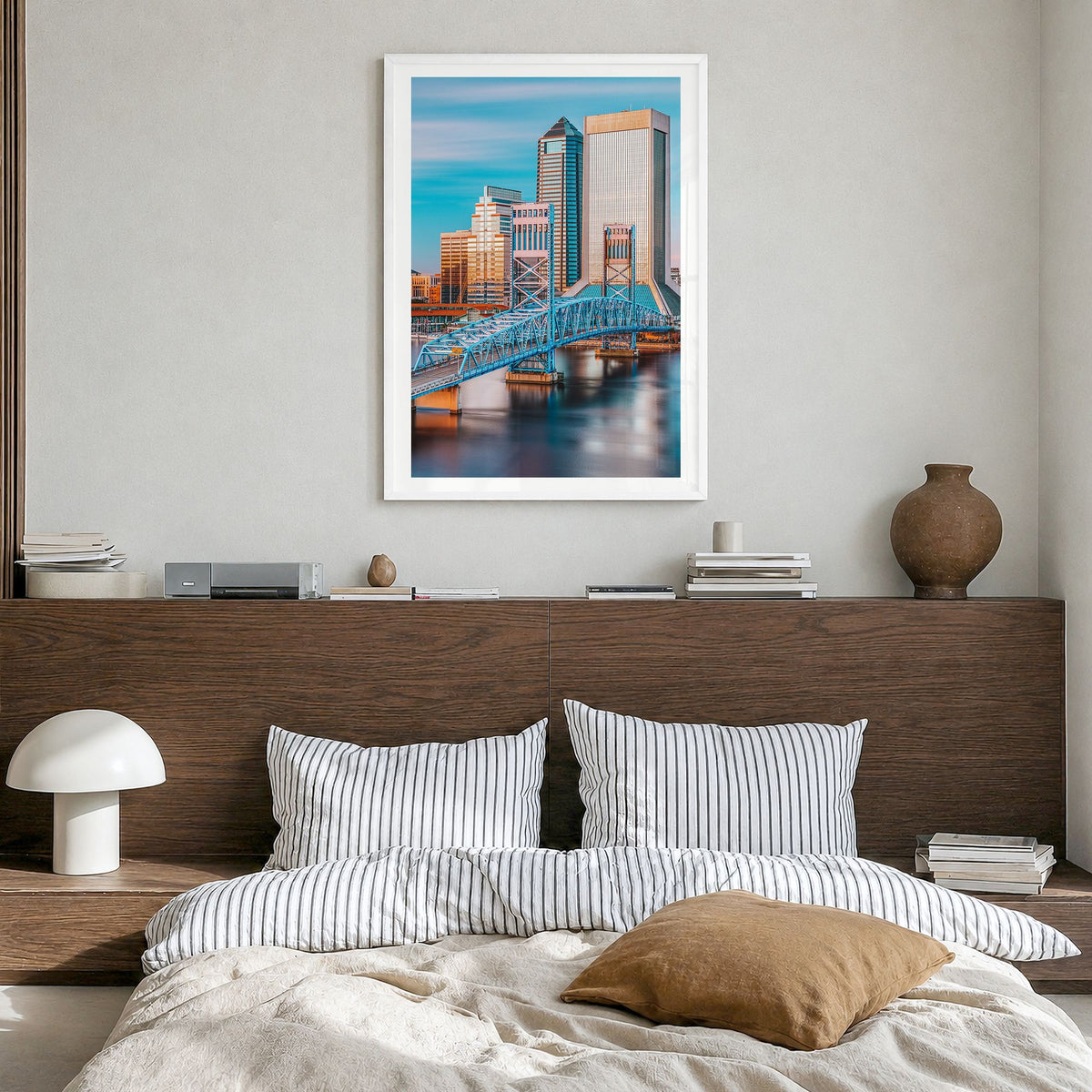 Jacksonville Photo No 1 Poster in a white wood frame, hanging in a bedroom, white border