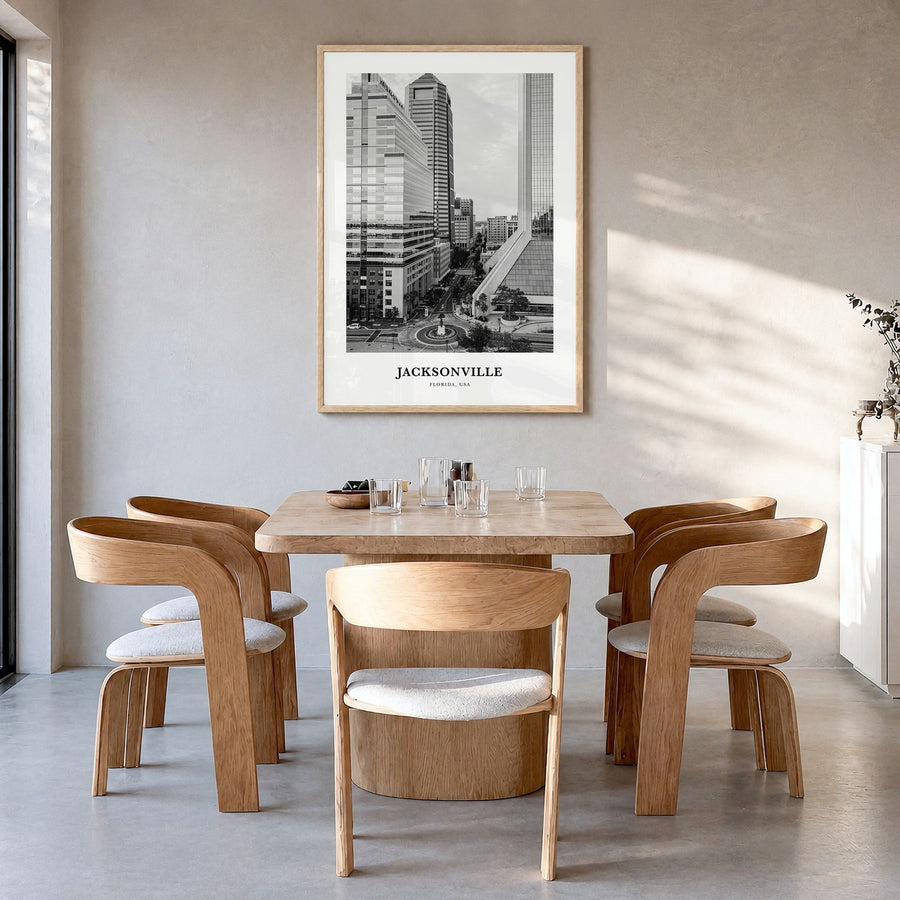 Jacksonville Classic No 2 Poster in a natural wood frame, hanging in a dining room