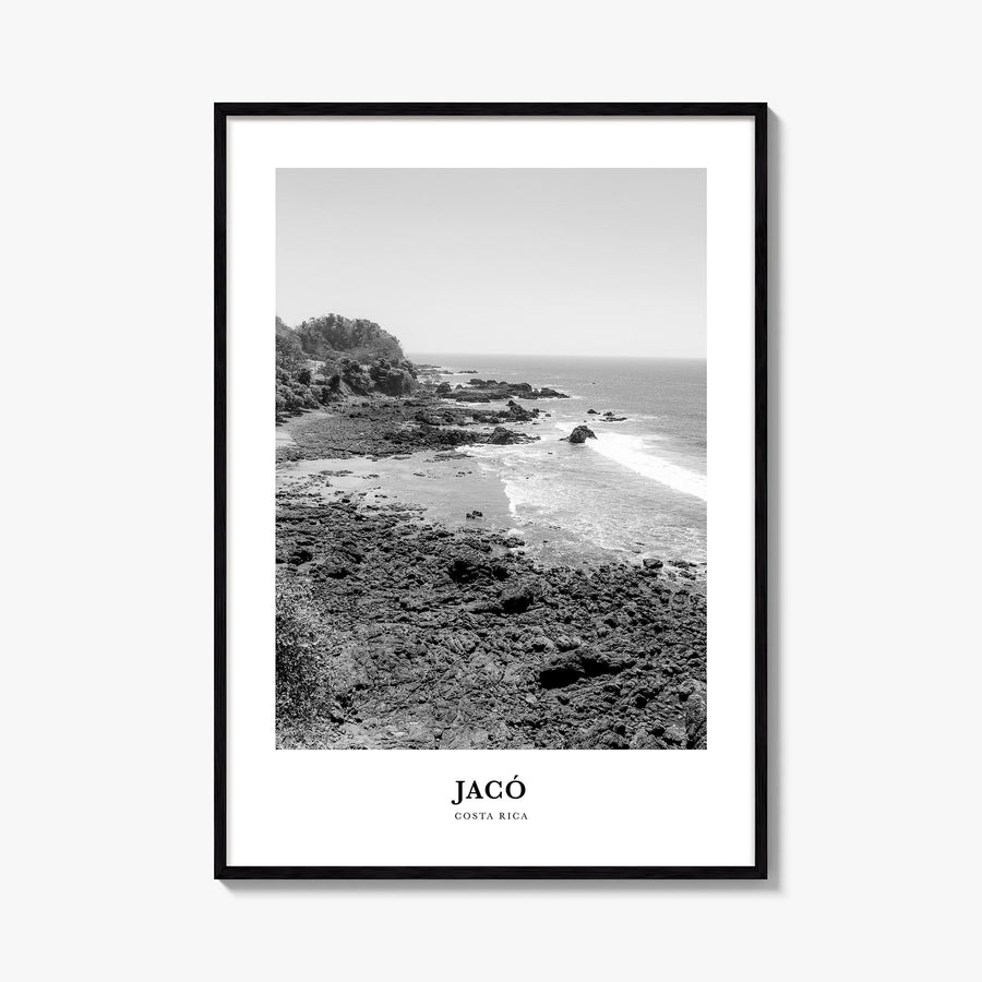 Jacó black & white classic poster of Costa Rica – vertical wall art, unframed print shown in interior mockup