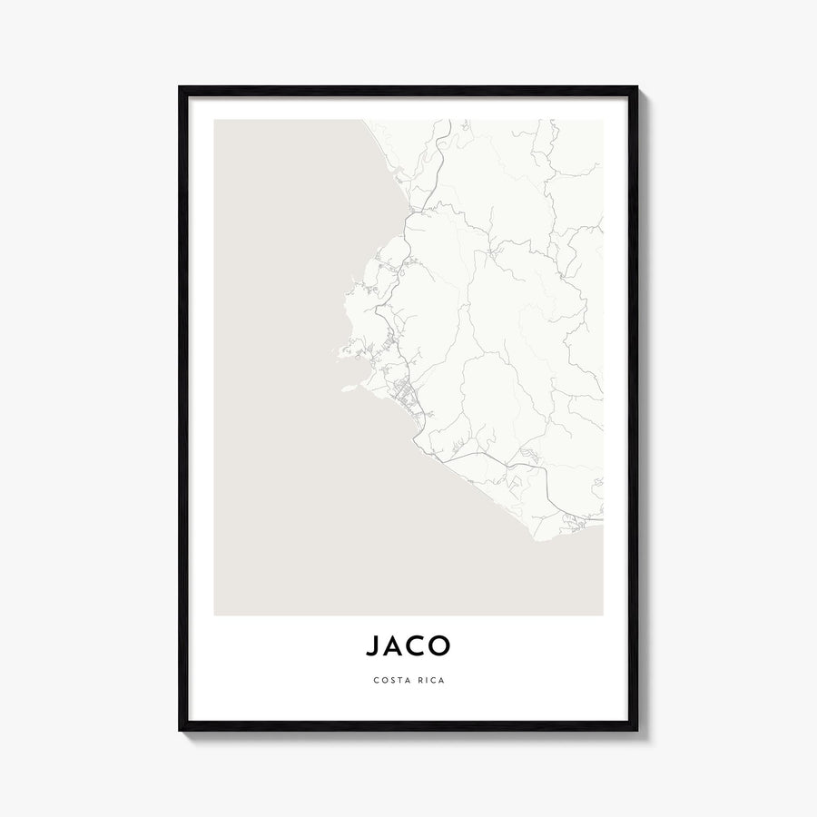Jacó black & white map poster of Costa Rica – vertical wall art, unframed print shown in interior mockup