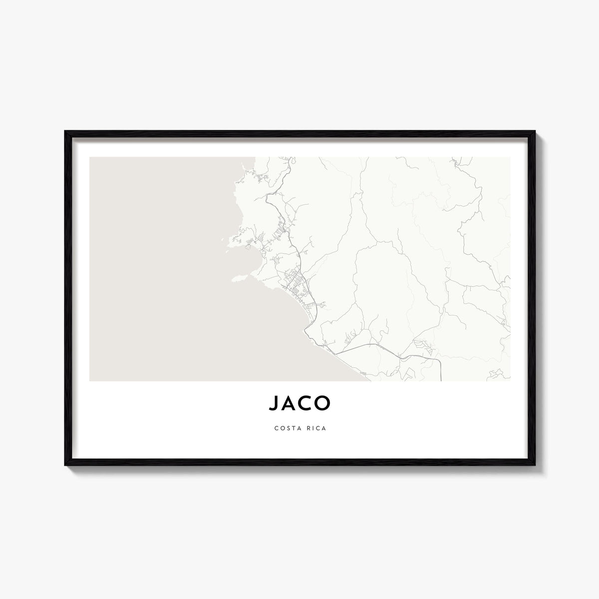 Jacó black & white map poster of Costa Rica – horizontal wall art, unframed print shown in interior mockup