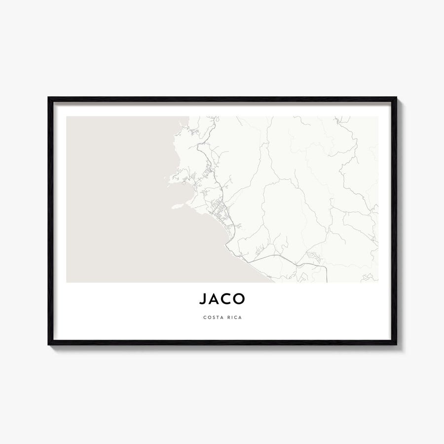 Jacó black & white map poster of Costa Rica – horizontal wall art, unframed print shown in interior mockup