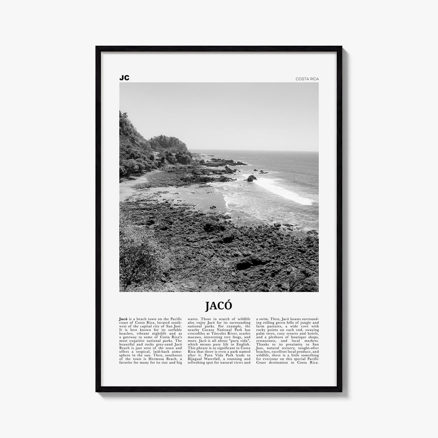 Jacó black & white newspaper poster of Costa Rica – vertical wall art, unframed print shown in interior mockup