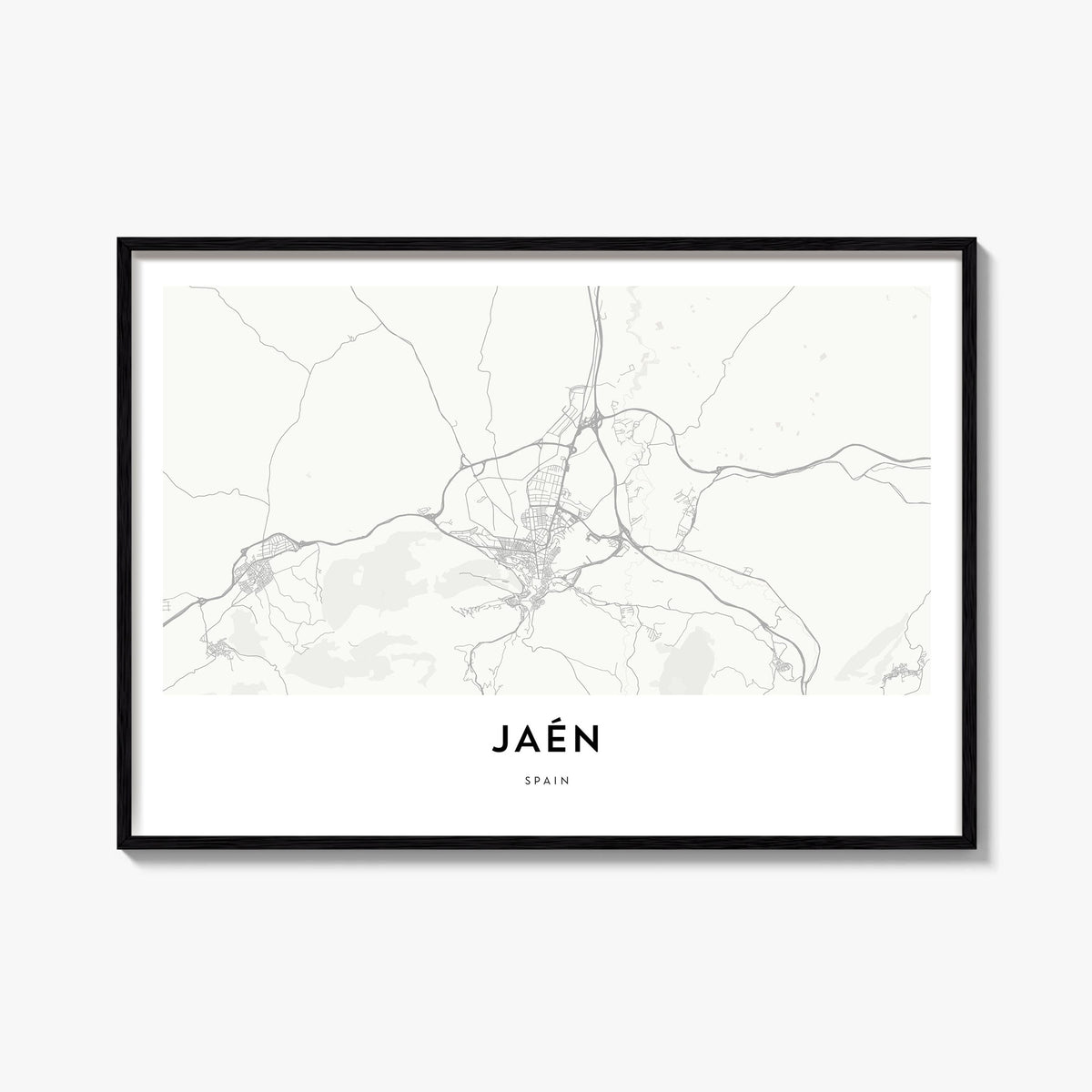 Jaén black & white map poster of Spain – horizontal wall art, unframed print shown in interior mockup
