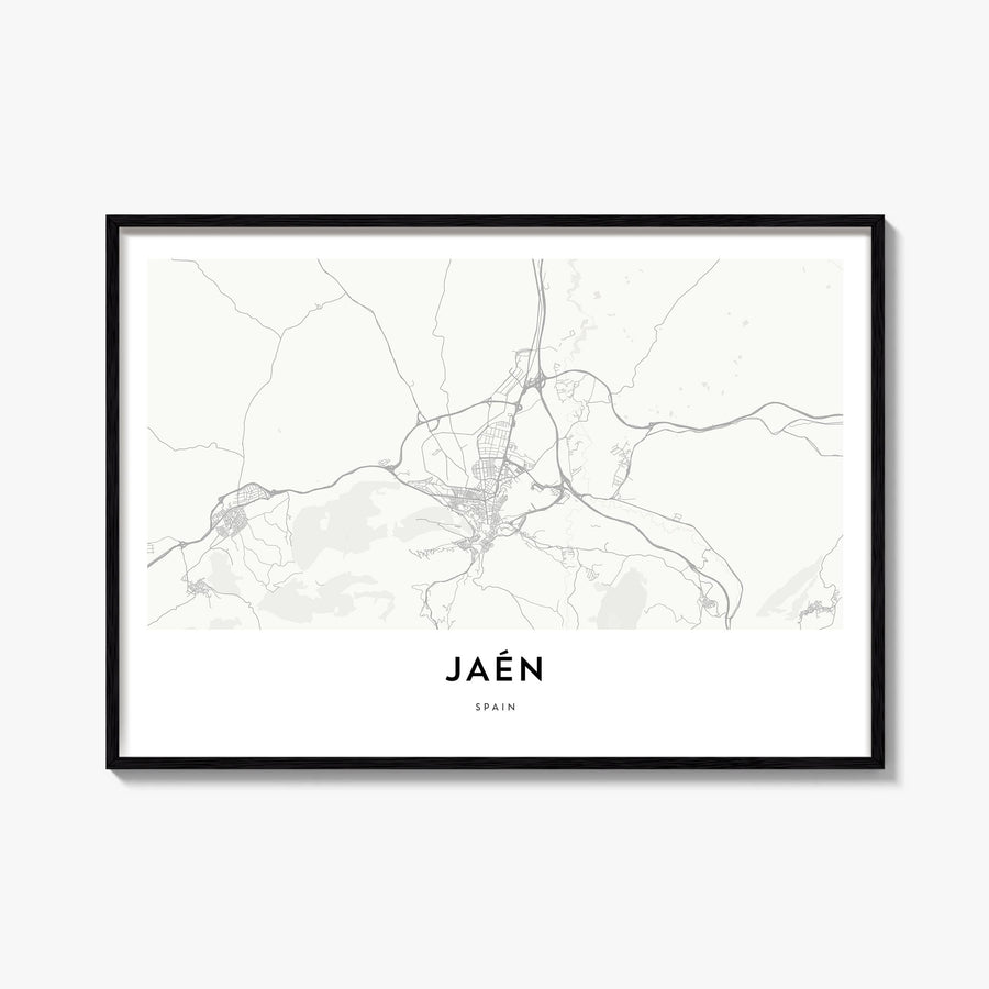 Jaén black & white map poster of Spain – horizontal wall art, unframed print shown in interior mockup