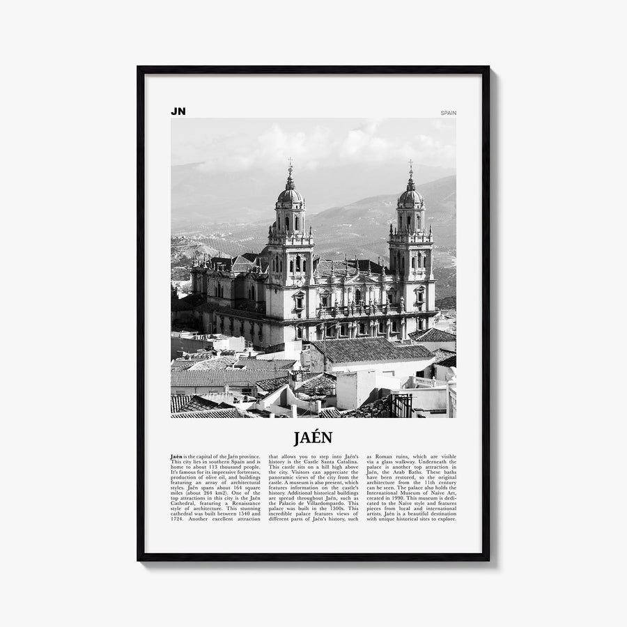 Jaén black & white newspaper poster of Spain – vertical wall art, unframed print shown in interior mockup