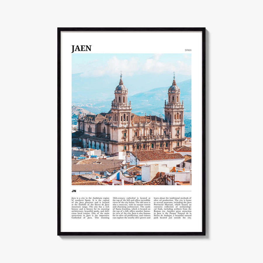 Jaén colorful travel poster of Spain – vertical wall art, unframed print shown in interior mockup
