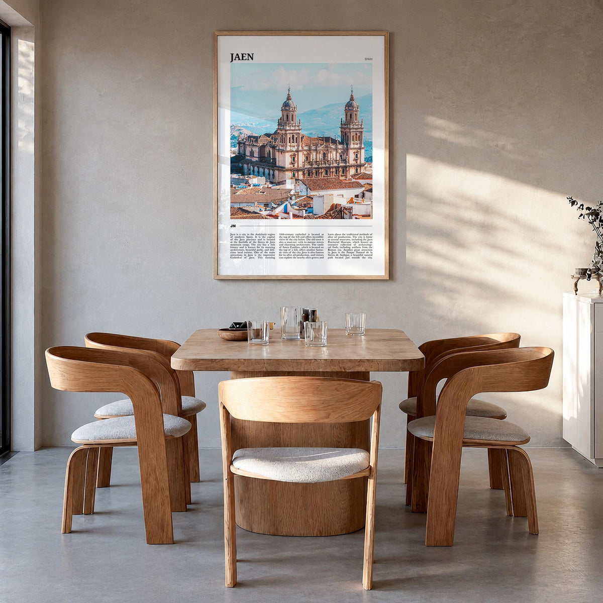 Jaén colorful travel poster of Spain – vertical wall art in natural wood frame, hanging on wall