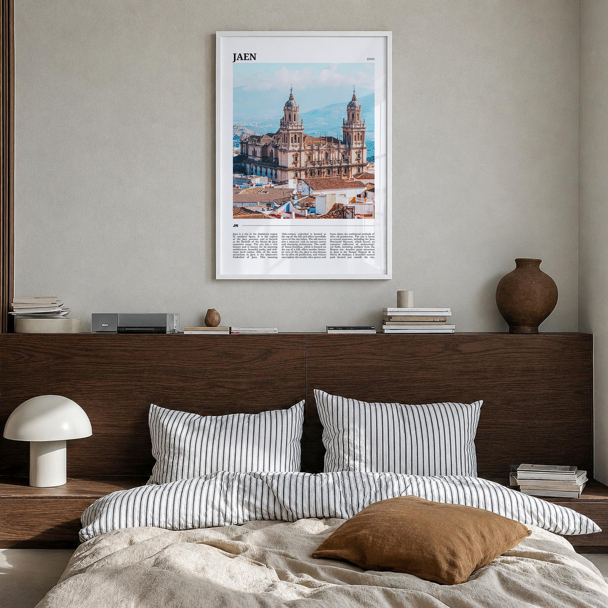 Jaén colorful travel poster of Spain – vertical wall art in white wood frame, hanging on wall