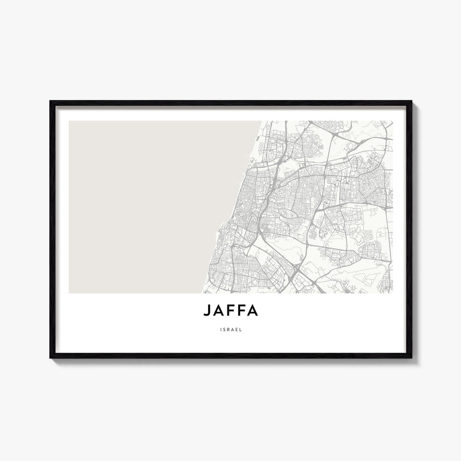 Jaffa black & white map poster of Israel – horizontal wall art, unframed print shown in interior mockup