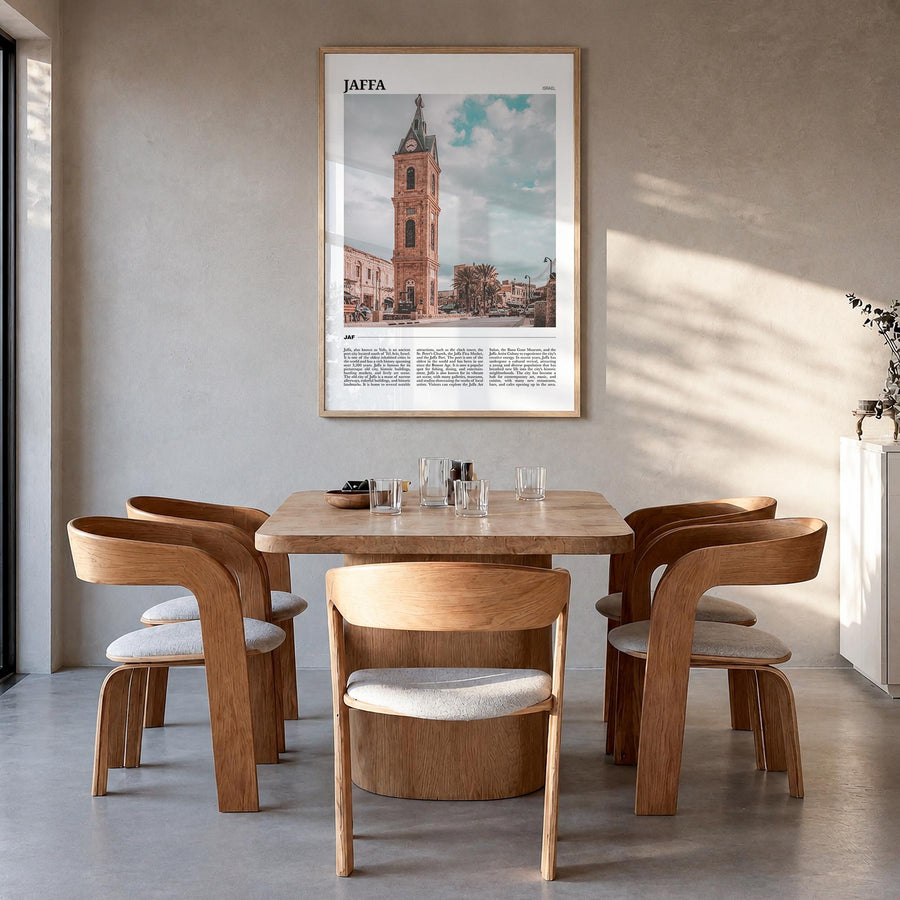 Jaffa colorful travel poster of Israel – vertical wall art in natural wood frame, hanging on wall