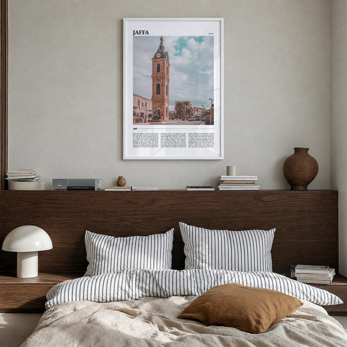 Jaffa colorful travel poster of Israel – vertical wall art in white wood frame, hanging on wall