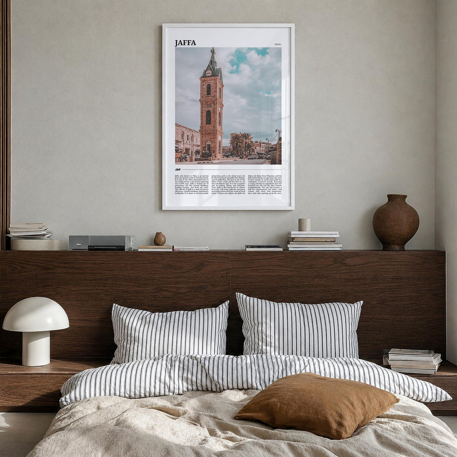 Jaffa colorful travel poster of Israel – vertical wall art in white wood frame, hanging on wall