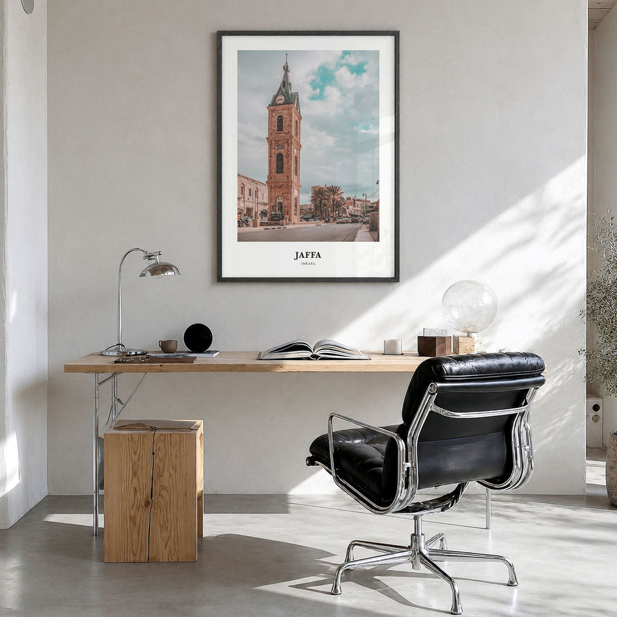 Jaffa Classic Poster in a black wood frame, hanging in a bright home office
