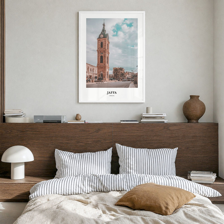 Jaffa Classic Poster in a white wood frame, hanging in a bedroom