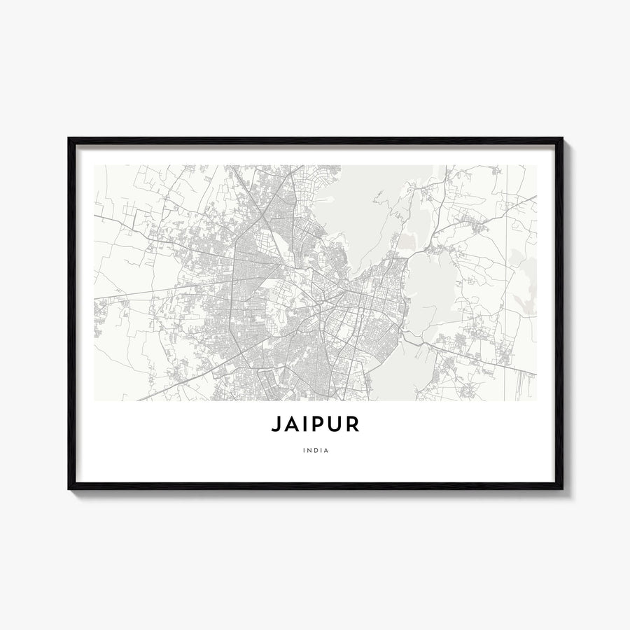 Jaipur black & white map poster of India – horizontal wall art, unframed print shown in interior mockup