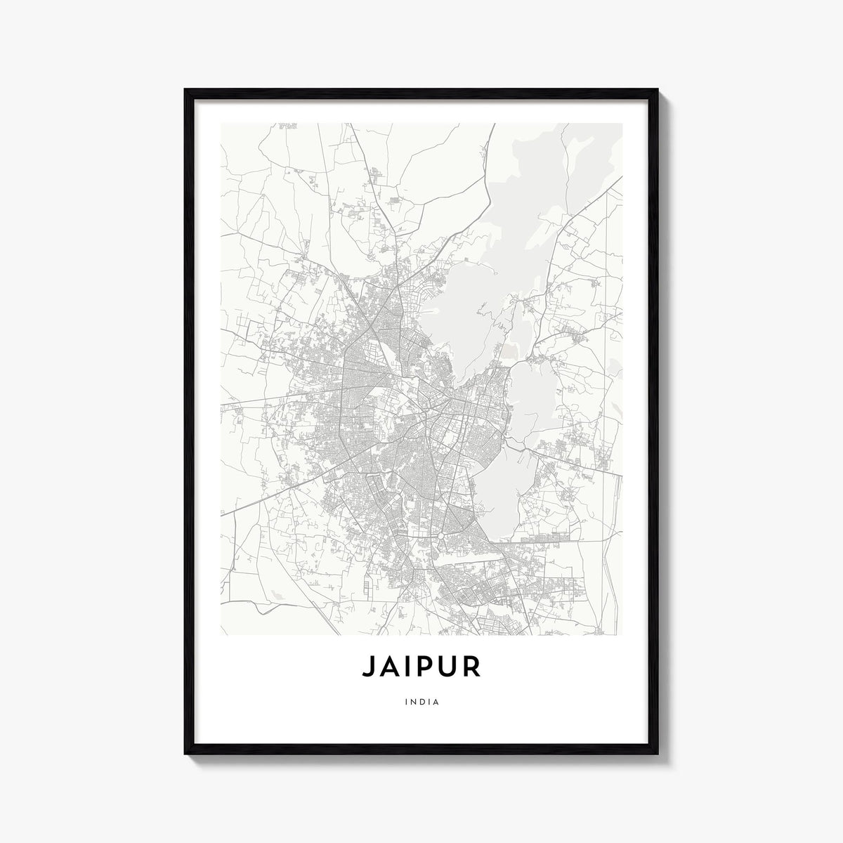 Jaipur black & white map poster of India – vertical wall art, unframed print shown in interior mockup