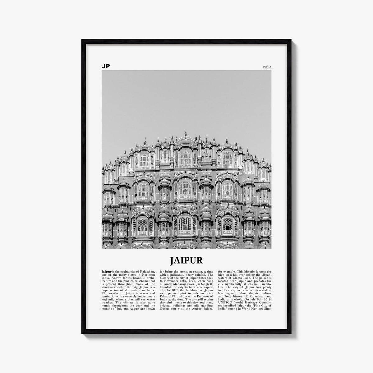 Jaipur black & white newspaper poster of India – vertical wall art, unframed print shown in interior mockup