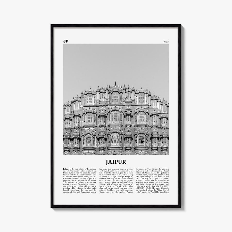 Jaipur black & white newspaper poster of India – vertical wall art, unframed print shown in interior mockup