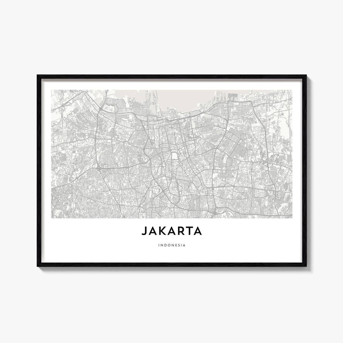 Jakarta black & white map poster of Indonesia – horizontal wall art, unframed print shown in interior mockup
