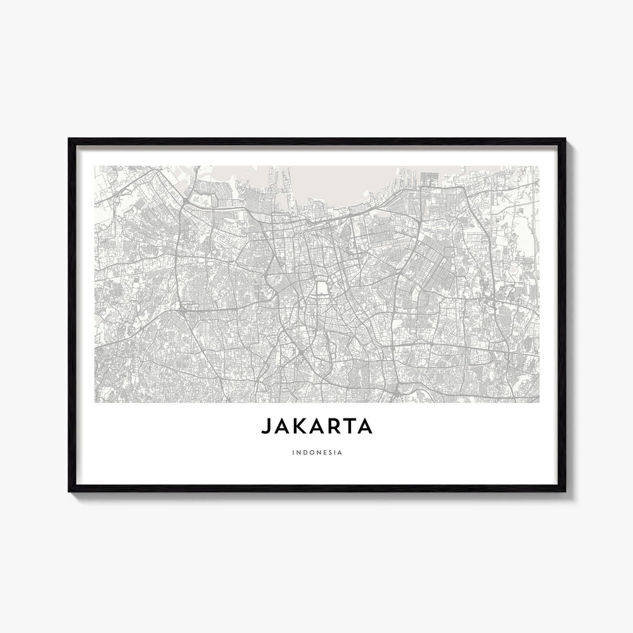 Jakarta black & white map poster of Indonesia – horizontal wall art, unframed print shown in interior mockup